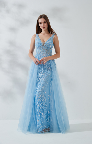 Vestido de fiesta largo romántico con cuello en V, sin mangas, espalda abierta y bordado de lentejuelas