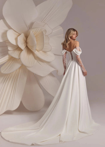 Elegant A Line Off Shoulder Lace Sleeve Corset Back Chapel Train Wedding Dress