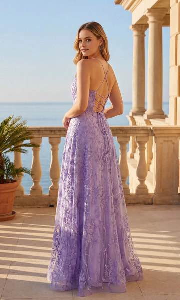 Exquisite A-line Plunging-V Sleeveless Lace Floor-length Criss-cross-back Floral-embroidered Prom Gown