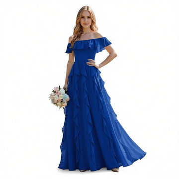 Off-the-Shoulder Ruffled Chiffon Bridesmaid Dress - Floor-Length Formal Evening Gown