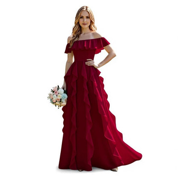 Off-the-Shoulder Ruffled Chiffon Bridesmaid Dress - Floor-Length Formal Evening Gown