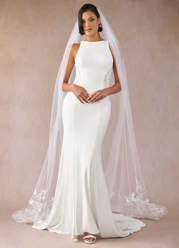 Elegant Sheer Tulle Floral Applique Cathedral Length Bridal Wedding Veil