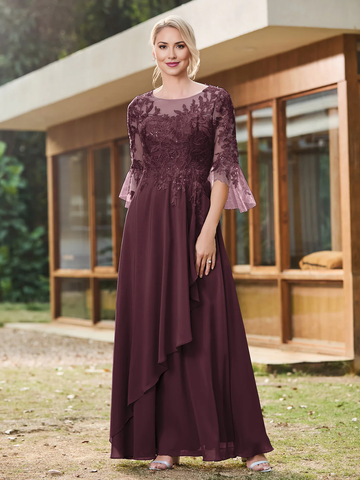 Lace Appliques Chiffon Mother of the Bride Dress, Illusion Neck 3/4 Bell Sleeve Wedding Guest Dress