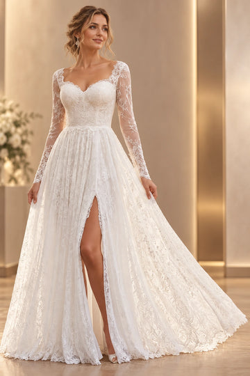 Vedress floral lace A-line wedding dress with a sweetheart neckline, sheer long sleeves and a high front slit, front view