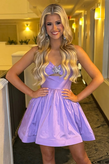 Flared A-Line Sweetheart Spaghetti-Strap Satin Short Cutout Rhinestone Homecoming Dress