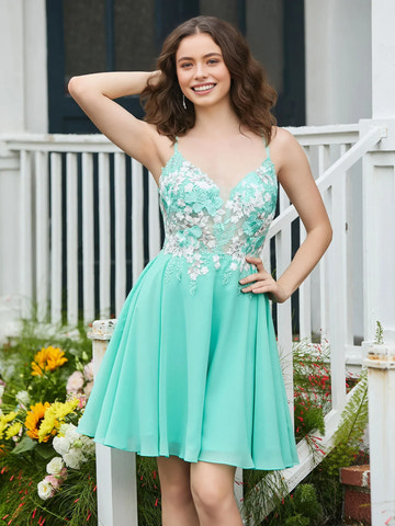 Floral Applique A-line V-neck Sleeveless Chiffon Mini Crisscross Open Back Homecoming Dress