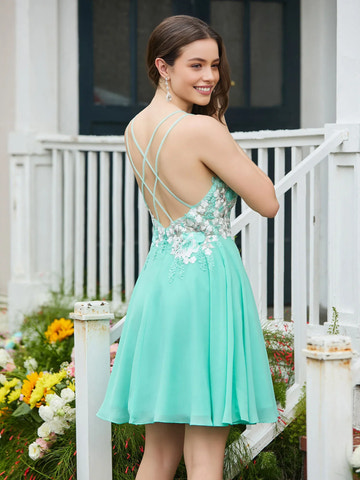 Floral Applique A-line V-neck Sleeveless Chiffon Mini Crisscross Open Back Homecoming Dress