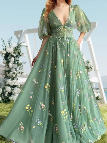Vestido Largo de Fiesta Romántico de Tul Bordado Floral con Mangas Abullonadas y Cuello en V Línea A