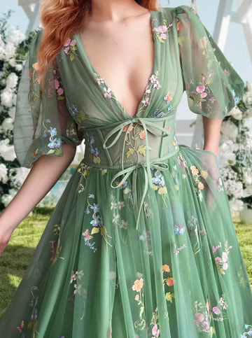 Vestido Largo de Fiesta Romántico de Tul Bordado Floral con Mangas Abullonadas y Cuello en V Línea A