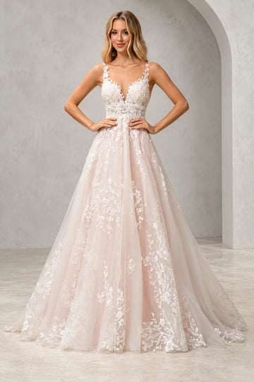Vedress A-line tulle wedding dress with floral lace appliques, a plunging V-neckline and sleeveless straps, front view.