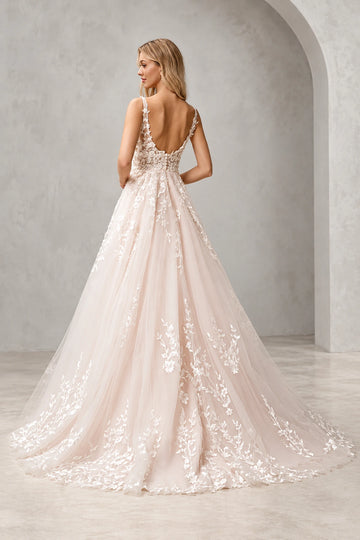 Back view of Vedress floral lace tulle wedding dress featuring a deep scoop back, covered buttons and a flowing train.