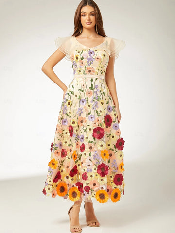Vedress floral lace A-line wedding guest dress with colorful flower appliques, a shallow V-neckline and layered sheer flutter sleeves.