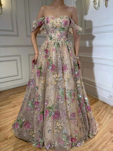 vedress floral A-line prom dress with sweetheart neckline off-shoulder sleeves and sequined tulle