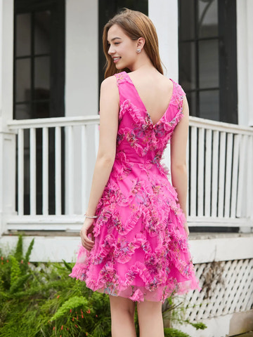 Floral Ruffled A-Line V-Neck Sleeveless Tulle Short Homecoming Dress