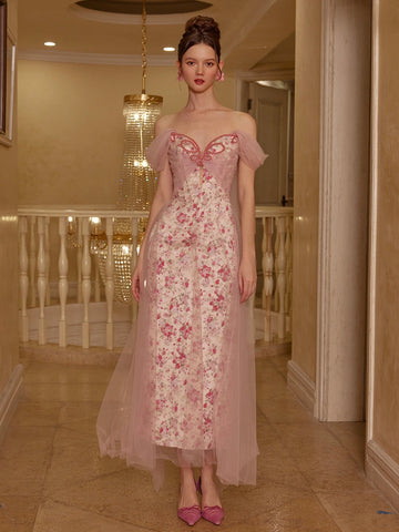Front view of Vedress floral satin wedding guest dress with an embellished sweetheart neckline, draped tulle sleeves and ankle-length skirt.