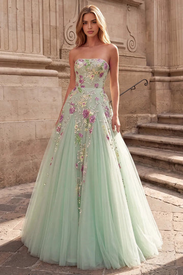 Vedress mint green floral tulle A-line prom dress with a straight strapless neckline, fitted bodice and flowing floor-length skirt.