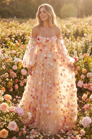 Pink floral off shoulder long sleeve Wedding Guest Dress with A-line tulle skirt by Vedress