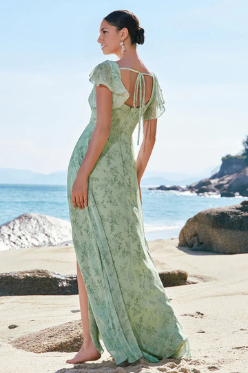A-Line Square Neck Flutter Sleeve Tie Back Printed Floral Maxi Bridesmaid Dress