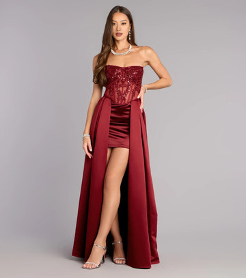 Glamorous Satin High Low A-Line Formal Dress Sleeveless Open Back Overlay Formal Evening Gown