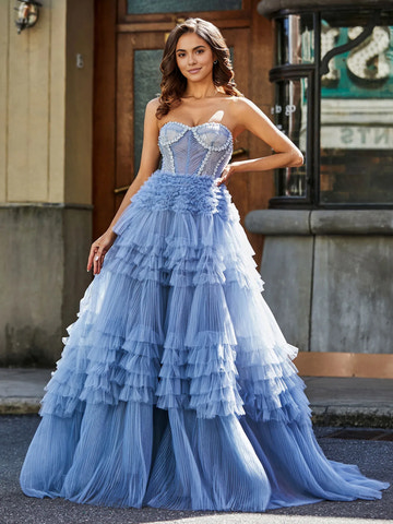 Glamorous Ball Gown Sweetheart Strapless Tulle Floor-Length Beaded Tiered Corset Prom Dress