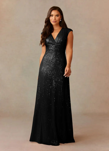 Glamorous Column V-neck Cap-sleeve Sequined Floor-length Criss-cross Ruched Evening Gown