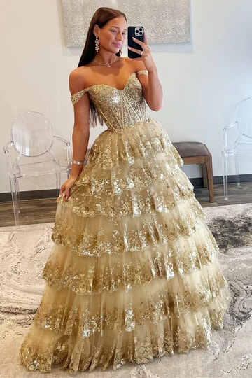Glamorous Gold Sequin Off Shoulder Tiered Ball Prom Gown