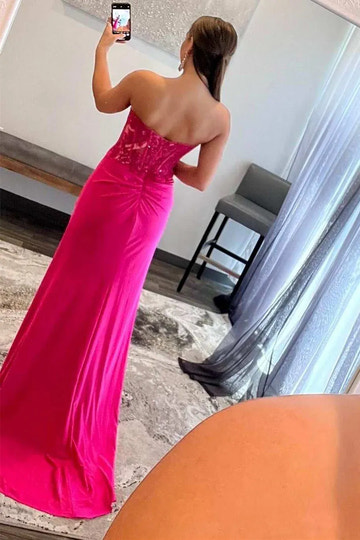 Glamorous Hot Pink Strapless Lace Satin Mermaid Prom Gown