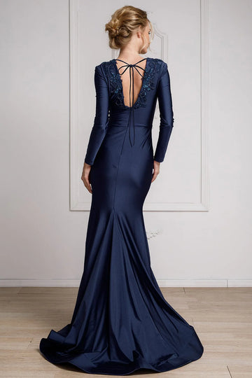 Glamorous Mermaid Plunging Long-sleeve Lycra Floor-length Beaded Applique Evening Gown