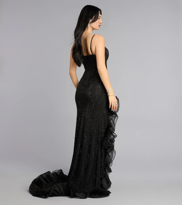 Glamorous Mermaid Sweetheart Neck Tulle Ruffled With Slit Floor Length Evening Dress