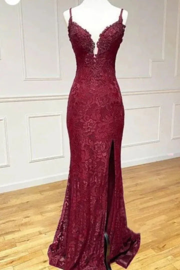 Glamorous Plum Lace Mermaid Spaghetti Strap Split Evening Gown