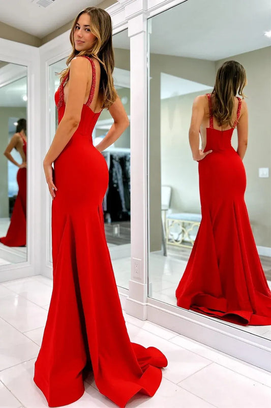 Glamorous Red Satin Corset Mermaid Prom Gown with Beaded Straps