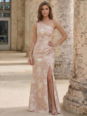 Glamorous Sheath One-Shoulder Sleeveless Brocade Mother of the Bride Dress High Slit Evening Gown