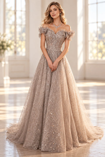 Front view of a Vedress champagne glitter tulle prom dress with a sweetheart neckline, off-shoulder ruffle sleeves and a full A-line skirt