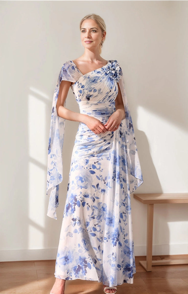 Vedress blue floral chiffon mother of the bride dress,one shoulder 3D flower,flowy cape sleeves,ruched waist floor gown