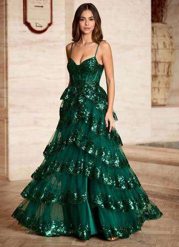 Black Statement A-Line Sweetheart Spaghetti Strap Sequin Tiered Ruffle Prom Gown