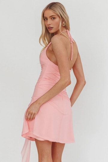 Ruffled Halter Neck Chiffon Mini Party Dress With Ruched Waist