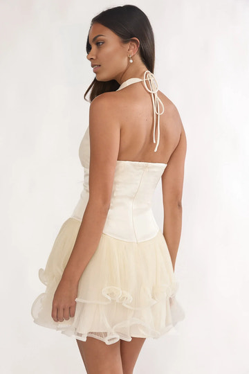 Halter Neck Satin Tulle Mini Homecoming Dress With Ruffled Hem