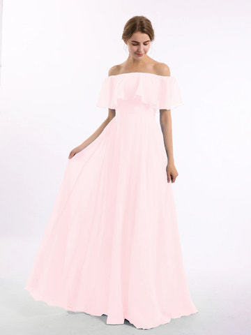 Off-the-Shoulder Double Ruffle Chiffon A-Line Bridesmaid Maxi Dress