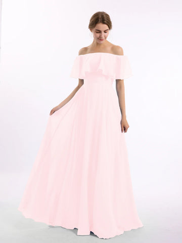 Romantic A-Line Off-Shoulder Short Ruffle Sleeve Chiffon Floor-Length Bridesmaid Dress