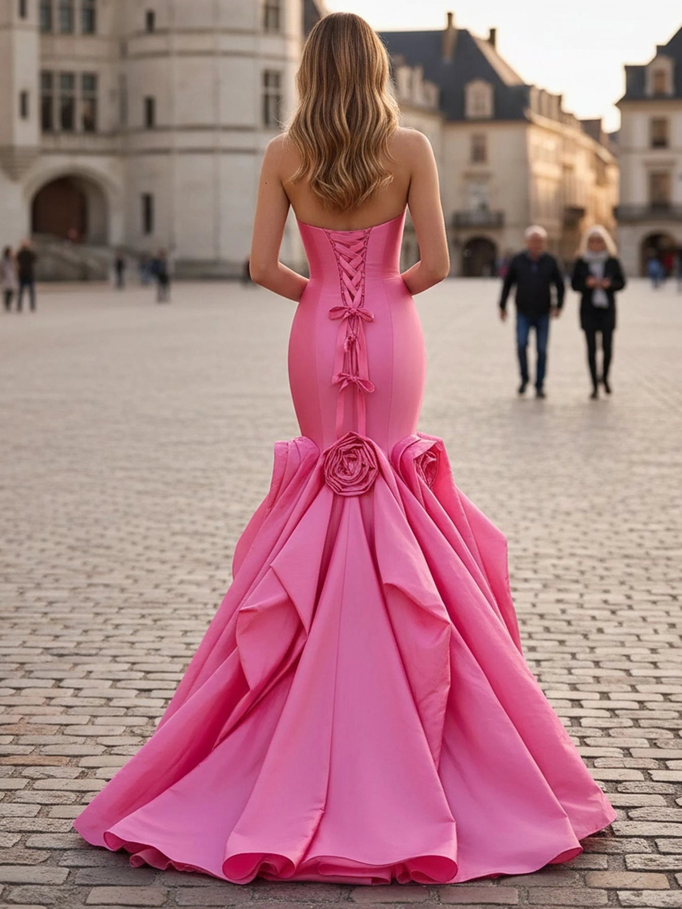 Hot pink mermaid prom dress with lace-up corset back rose details and dramatic floor length skirt back view