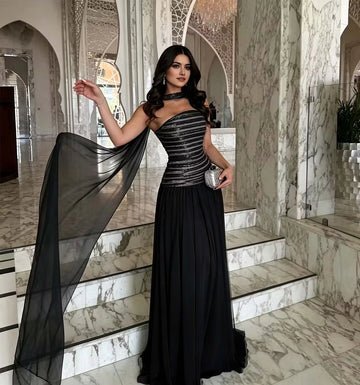 Radiant A-Line One Shoulder Sleeveless Cape Back Floor Length Prom Dress
