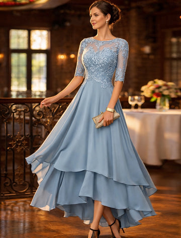 Vedress dusty blue lace elbow sleeve a-line high low chiffon mother of the bride formal dress