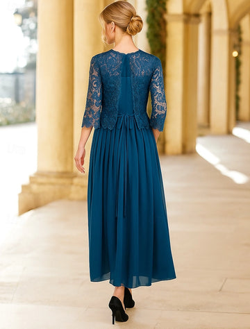 Classic A-Line Round Neck 3/4 Sleeve Tie Back Floor Length Mother Of The Bride Dress