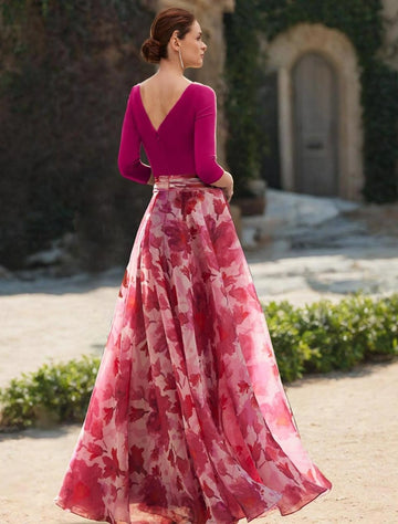 Fuchsia A-Line V Neck 3/4 Sleeve Deep V Back Floral Print Floor Length Mother Of The Bride Dress