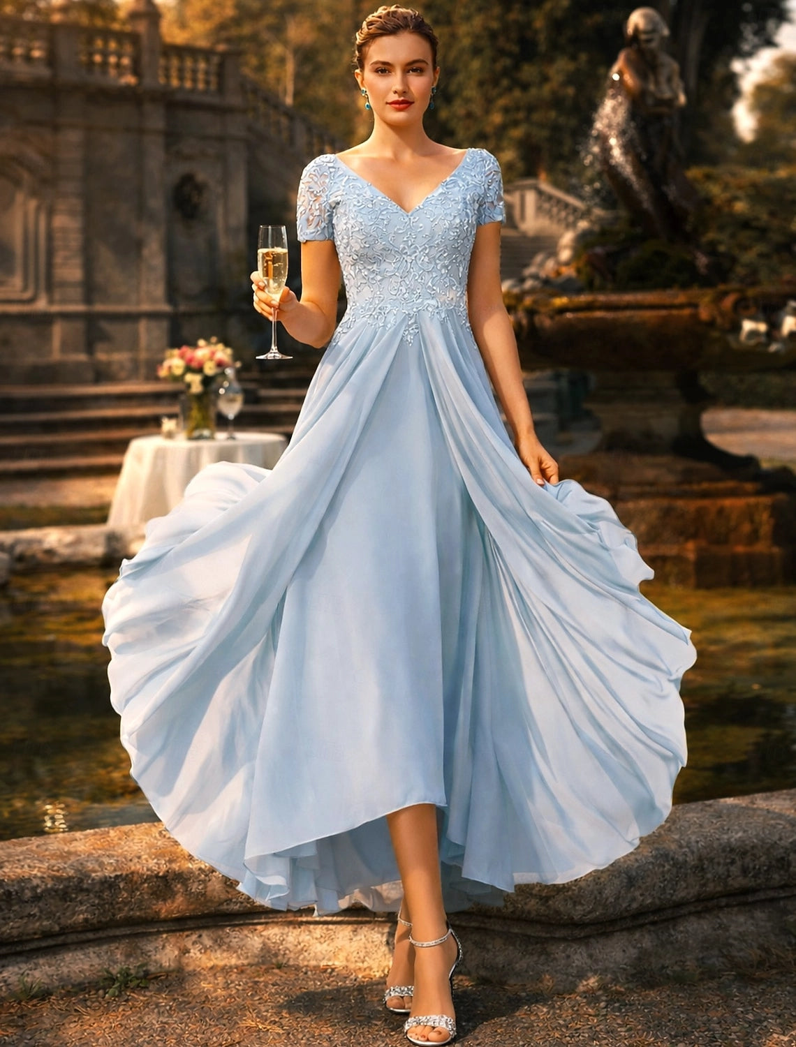 Vedress Light Blue Floral Lace A-Line High Low Mother Of The Bride Dress – VEDRESS