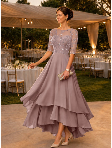 Dusty Lilac A-Line Round Neck Elbow Sleeve Illusion Back High Low Mother Of The Bride Dress
