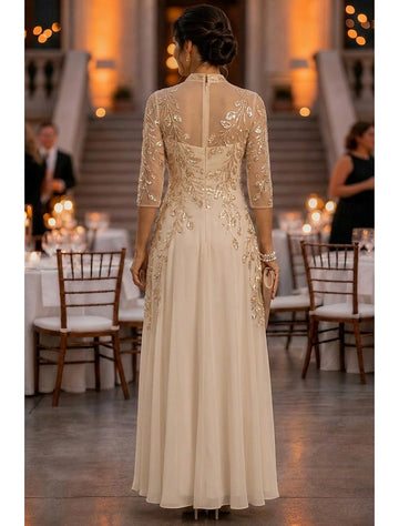 Champagne A-Line High Notch Neck Elbow Sleeve Illusion Back Floor-Length Mother Of The Bride Dress
