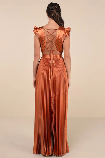 V-Neck Ruffled Shoulder Satin Pleated Lace-Up Back Floor-Length Evening Dress