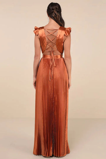 V-Neck Ruffled Shoulder Satin Pleated Lace-Up Back Floor-Length Evening Dress
