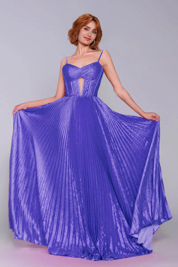 Striking A-Line Spaghetti Strap Pleated Metallic Keyhole Prom Dress